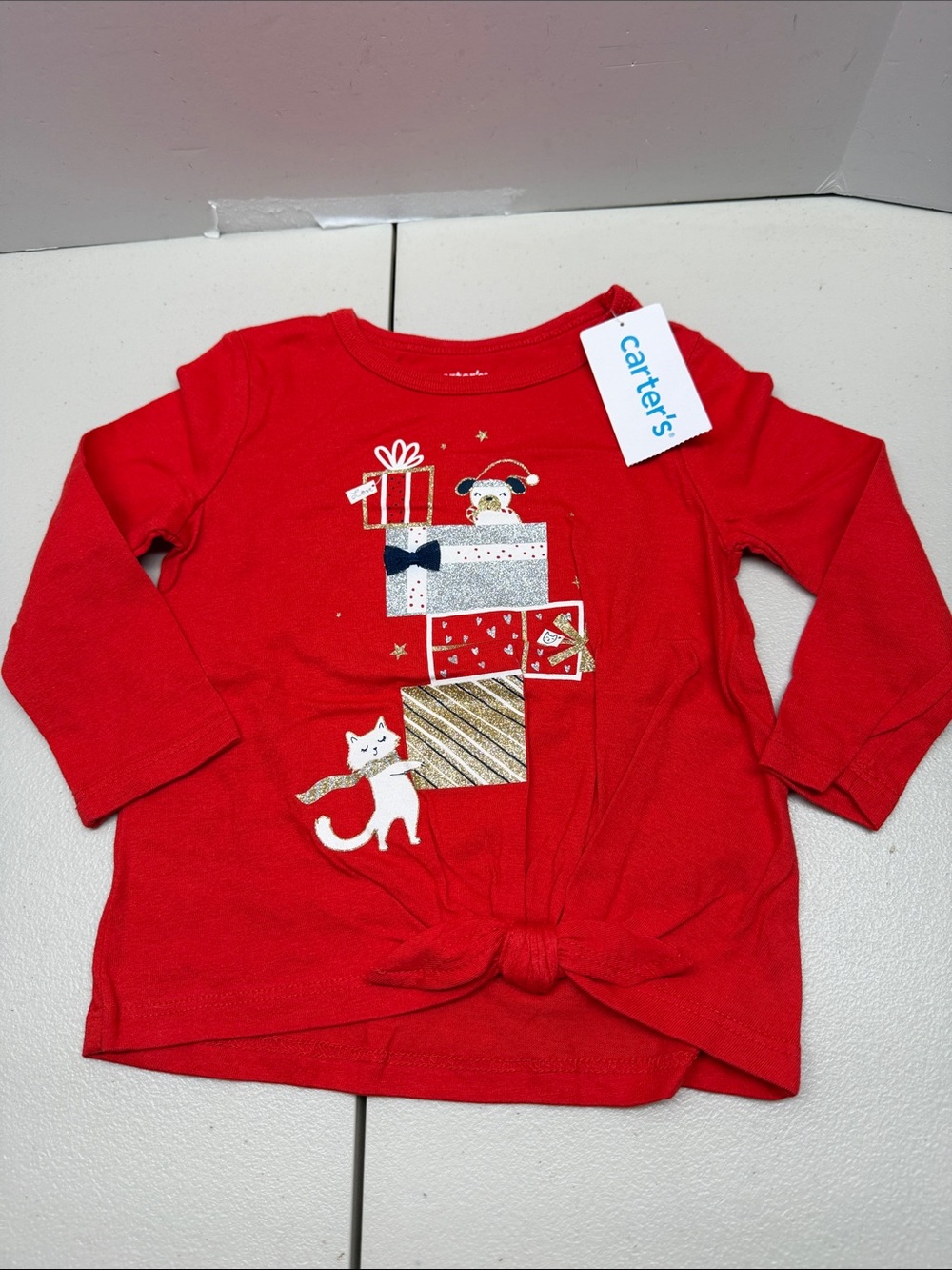 Carter's Red Long Sleeve Top with Stacked Gifts & Cat Graphic. NWT